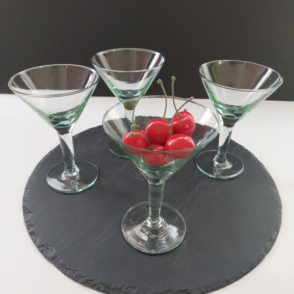 Hand Blown Glass Clear Martini Cocktail Glasses Set - Unique Vintage Barware